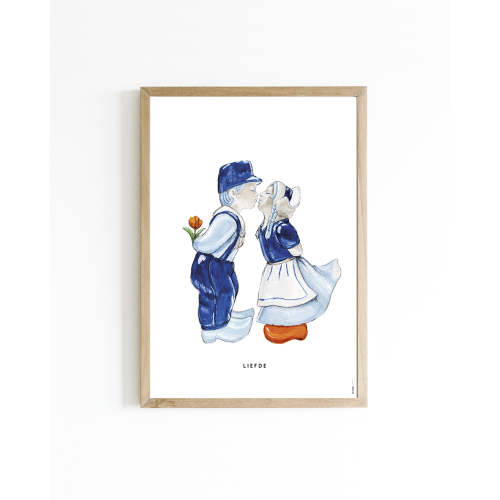 Poster Kussend Delfts blauw paartje A4 6 st.